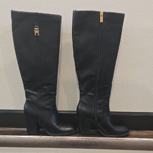 Women's Black Tommy Hilfiger Tall Block-Heel Boots with Gold Trim